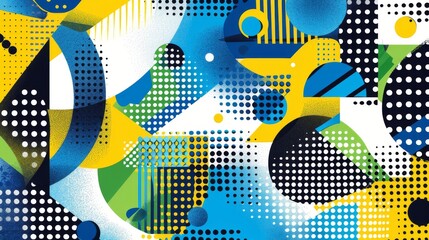 Abstract composition of geometric shapes with halftone pattern and vibrant colors