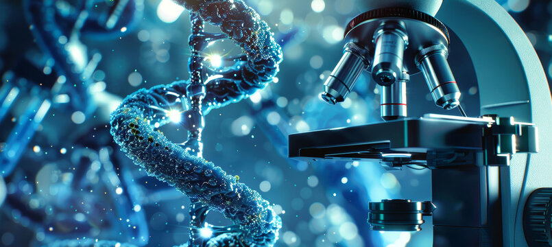 A microscope stands ready to explore the intricate structure of a DNA double helix, a symbol of lifes blueprint, against a backdrop of swirling blue particles