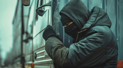Man Wearing Black Jacket and Mask Accessing Truck Cargo
