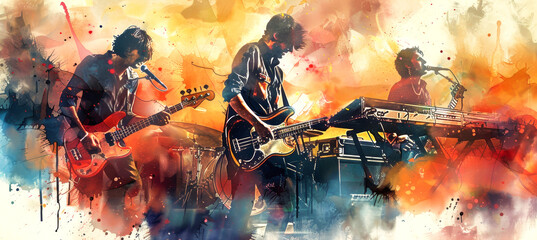 A watercolor painting depicting a rock band playing on stage, with the lead singer, guitarist, and keyboardist visible