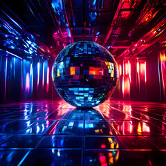Mirrored blue disco room ball in  neon light
AI Generated