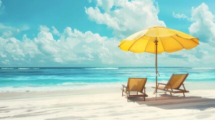 Summer Beachside Holiday with Blue Sky, White Sand, and Yellow Parasol
