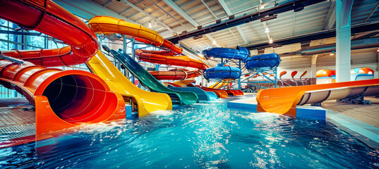 A colorful waterpark slide awaits, promising a fun and exhilarating experience under the cool shade of the indoor facility