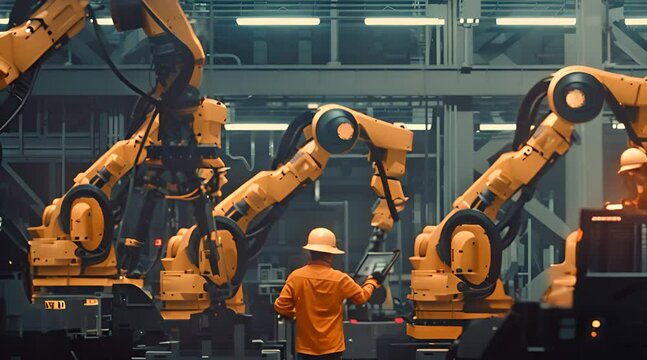 A man is standing in front of a row of robots. The robots are yellow and are in a factory.