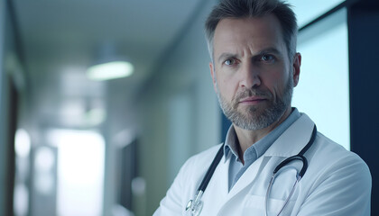 A serious male doctor in a white coat stands in a hospital hallway, conveying professionalism and expertise