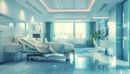 A modern hospital room with a bed, medical equipment, and large windows letting in natural light