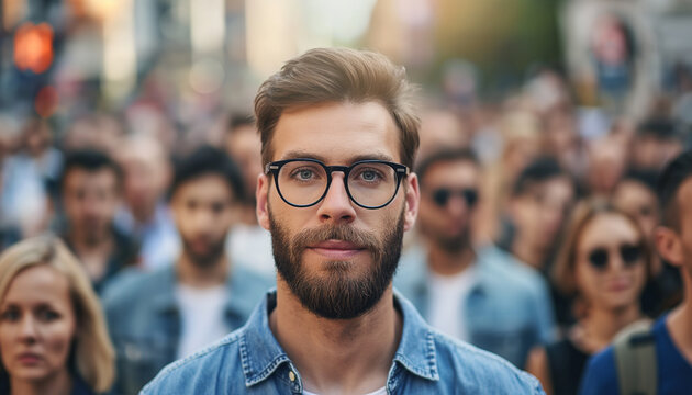 A young man with glasses stands out in a crowd, with a focused and thoughtful expression