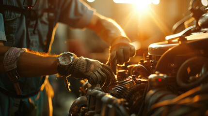 Fototapeta premium Close-Up of Mechanic's Hands in Gloves and Watch Repairing Car Engine