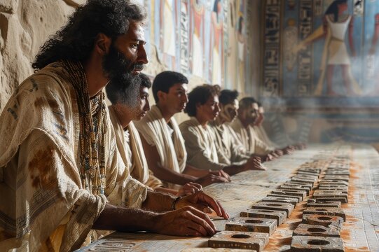 Ancient Egyptian Scribes Working on a Papyrus Scroll in a Temple