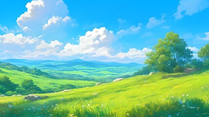 Fototapeta premium A beautiful green meadow with mountains in the background under a clear blue sky with white clouds