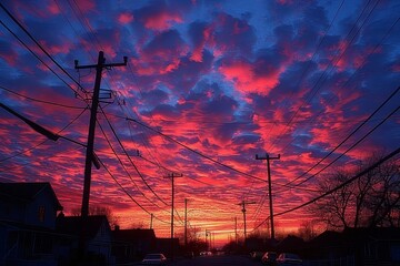 Colorful Sunset Over Suburban Street With Power Lines