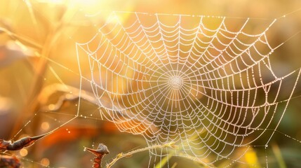 A Dew-Covered Spider Web Glistens in the Morning Sunlight