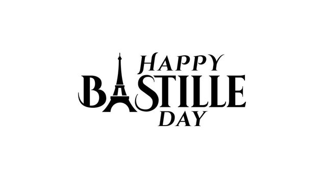 happy bastille day text animation with the eiffel tower as the letter A, in black and white for the celebration of french national day, bastille day, event, banner, etc.