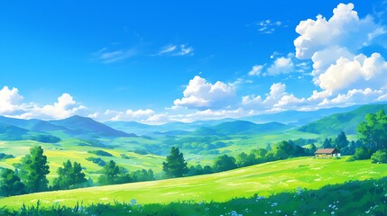 Obraz premium A beautiful green meadow with mountains in the background under a clear blue sky with white clouds