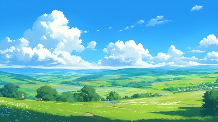 A beautiful green meadow with mountains in the background under a clear blue sky with white clouds