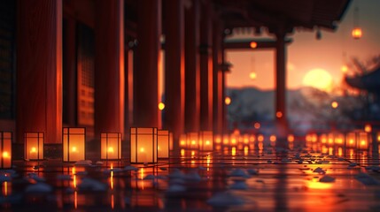 Ancient temple illuminated by lanterns and moonlight a sacred place visited during The Moon Festival for spiritual reflection Stock Photo with copy space