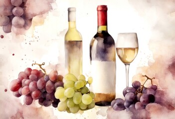 grapes hand red watercolor border illustration drink seamless drawn wine white alcohol bottle fruit alcoholic beverage splash frame picture