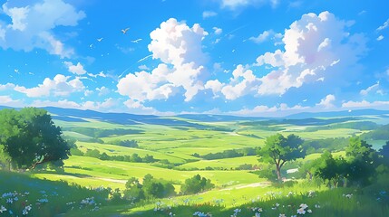 Fototapeta premium A beautiful green meadow with mountains in the background under a clear blue sky with white clouds