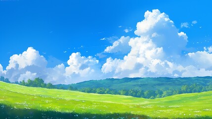 Fototapeta premium A beautiful green meadow with mountains in the background under a clear blue sky with white clouds
