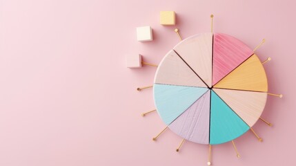 Colorful Wooden Wedge Blocks Pie Chart for Playful Business Analysis on Soft Pink Background with Gold Lines and Data Points - Flat Lay Concept