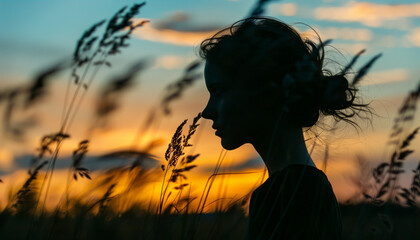Naklejka premium Silhouette of a girl in a field of tall grasses at sunset, evoking a sense of nostalgia and calm