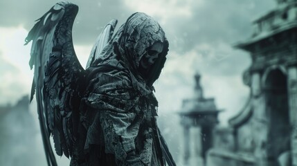 Fototapeta premium Man with Scythe Standing Near Cemetery