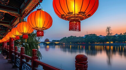 Peaceful riverside park glowing with lanterns and moonlight during The Moon Festival offering a serene escape in nature's embrace Stock Photo with copy space