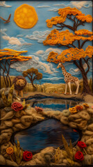 Obraz premium A needle felted African wildlife safari scene. DIY handmade textile fabric art craft. 
