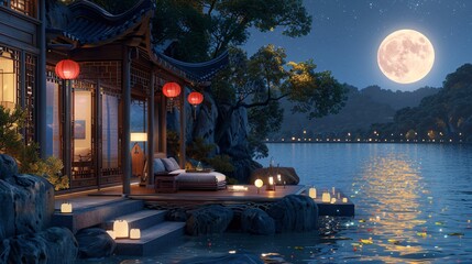 Peaceful lakeside pavilion under a starry sky and lantern-lit surroundings offering a tranquil setting for The Moon Festival's contemplation Stock Photo with copy space