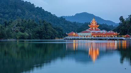 Obraz premium Peaceful riverside temple illuminated by lanterns and moonlight offering a serene retreat during The Moon Festival for spiritual reflection Stock Photo with copy space