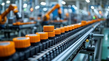 Obraz premium Mass production assembly line of electric vehicle battery cells close-up view 