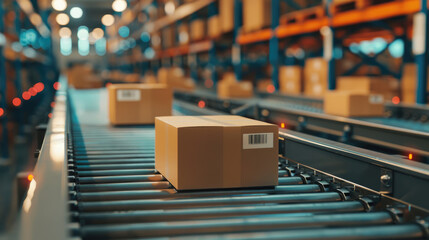 Packages Moving on Conveyor Belt in a Fast-Paced Warehouse
