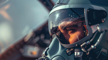 Fototapeta premium Close-Up of Fighter Jet Pilot in Control Cockpit