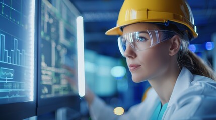A female engineer in a hard hat and safety glasses intently monitors a computer screen displaying technical data.