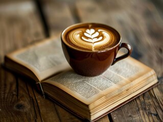 An open book lay beside him. Hot cappuccino cup On a rustic wooden table Warm atmosphere and comfortable atmosphere
