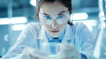 A female scientist in a lab coat and safety glasses intently examines a sample in a beaker.