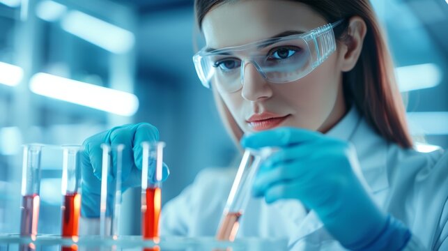 A female scientist in a lab coat and safety glasses conducts a scientific experiment with test tubes.