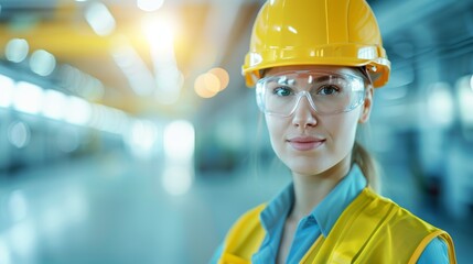 A female engineer wearing a hard hat and safety glasses stands in a factory.  She looks confidently at the camera.