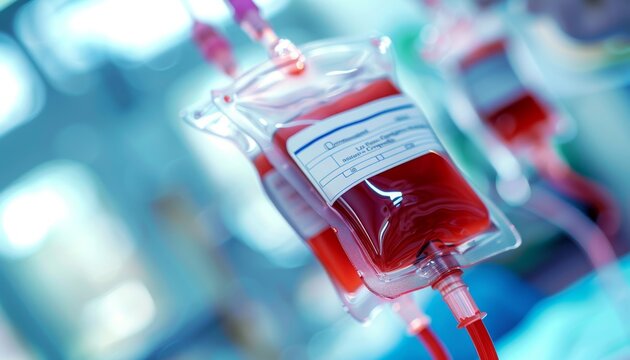 close-up of a blood donation bag already filled with blood and the connected tube