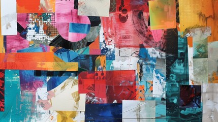 Fototapeta premium Abstract collage using textured paper, vibrant paints, and dynamic shapes for a captivating composition.