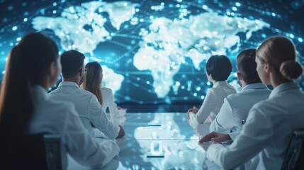 A group of scientists look at a digital world map with data points and glowing lines.  They are in a meeting, discussing global data and insights.