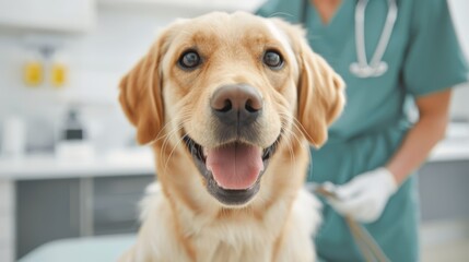 A happy golden retriever dog looking at the camera during a vet checkup.