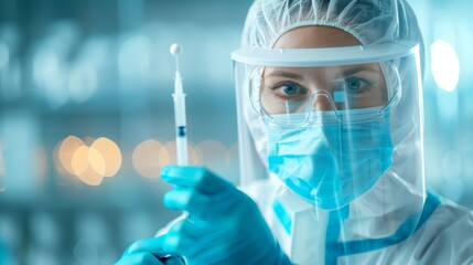 A healthcare worker in full protective gear holds a syringe, focused on the task at hand.  The blue and white color scheme emphasizes cleanliness and safety.