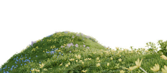 A green hill blooming with yellow and blue flowers in spring. 3D rendering.