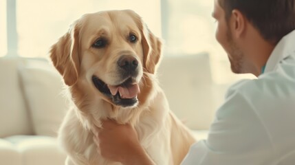A man smiles at his golden retriever dog, who looks back with adoration