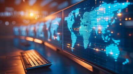 A row of monitors displays a digital world map, symbolizing global connectivity and data flow.
