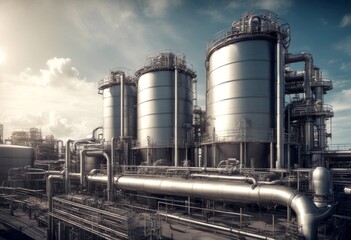 Obraz premium energy concept hydrogen tanks plant photo pipes large steel wide imagined angle h2 power clean fuel industrial technology gas industry chemical tank