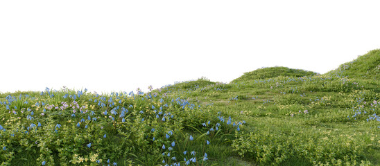 A green hill blooming with yellow and blue flowers in spring. 3D rendering.