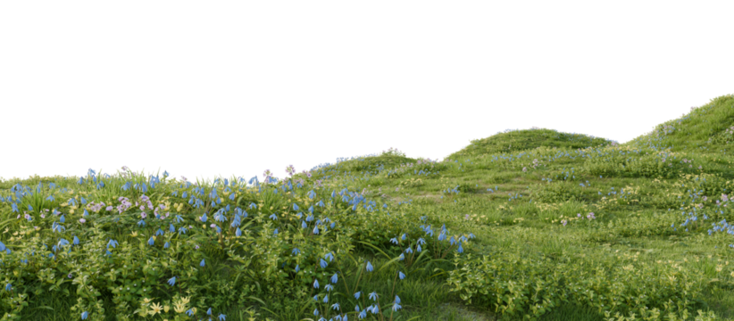 A green hill blooming with yellow and blue flowers in spring. 3D rendering.