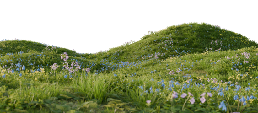 A green hill blooming with yellow and blue flowers in spring. 3D rendering.